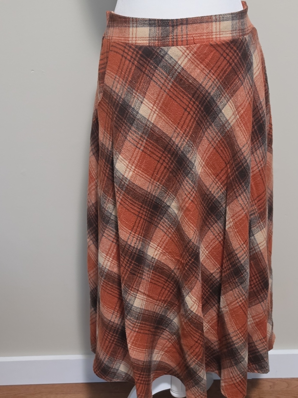 I.O. Rust Plaid A-Line Wool Blend Maxi Skirt -30" Waist Elastic Back & Pockets
